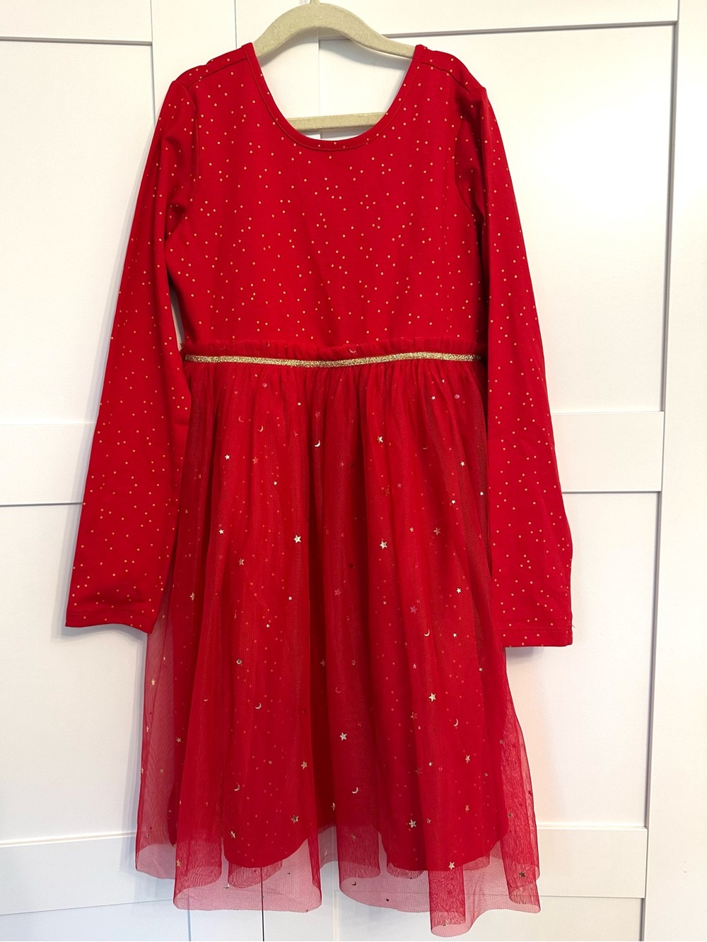 Hanna Andersson Red Long-Sleeve Tulle Party Dress with Gold Trim